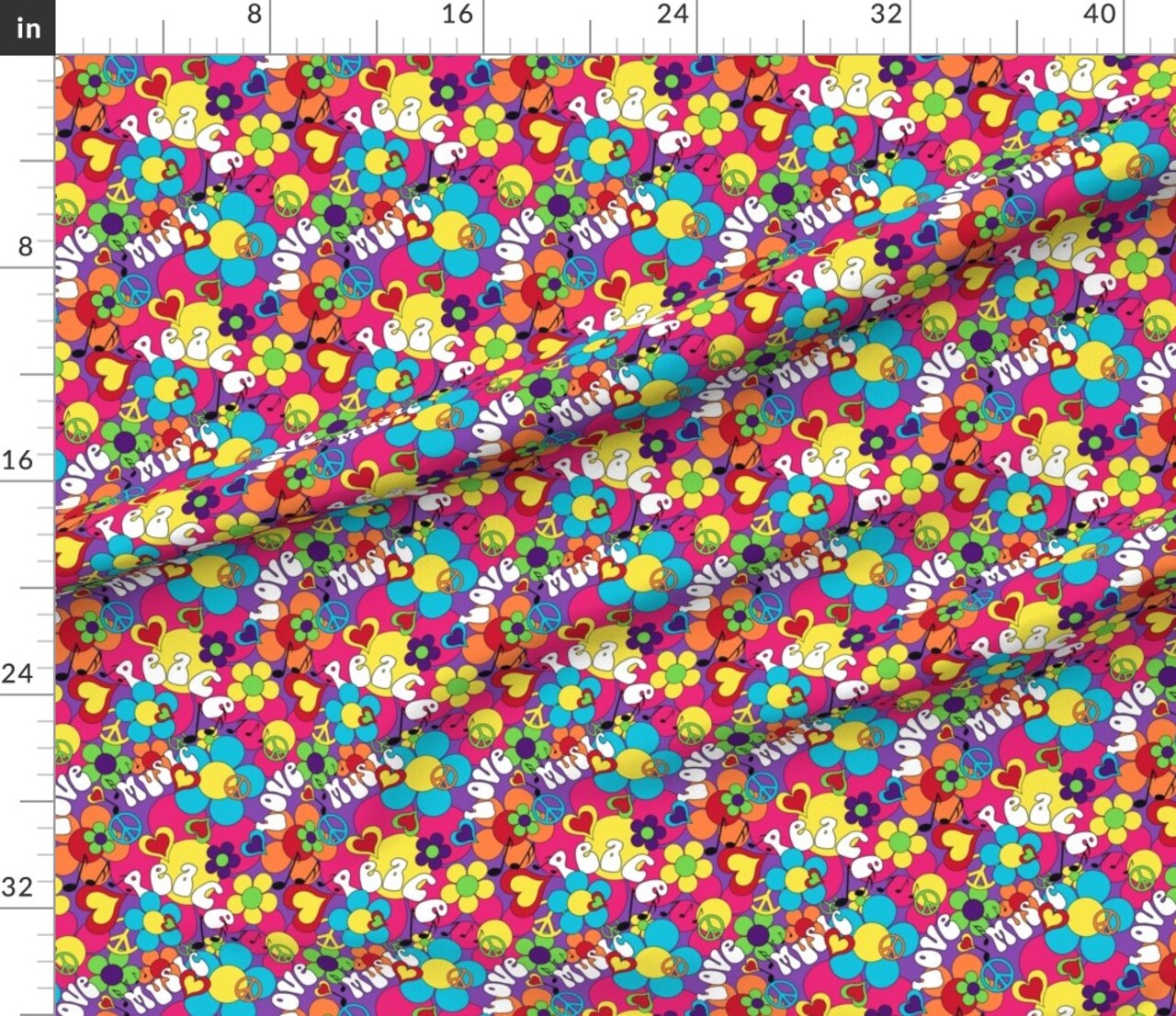 1960S, Psychedelic, Colorful, 1967, Summer, Love, Hippie, Peace, Daisy, Flowers, Hearts, Music Notes, Retro, Vintage Custom Printed Fabric by Spoonflower Various Fabrics by the Yard or Fat Quarter